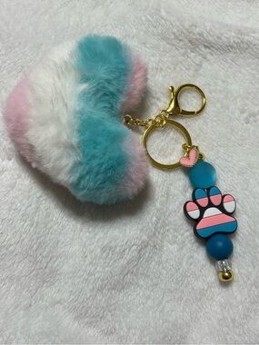 Pride Fuzzy Heart Pom Keychain with Pink & Blue Paw Charm
